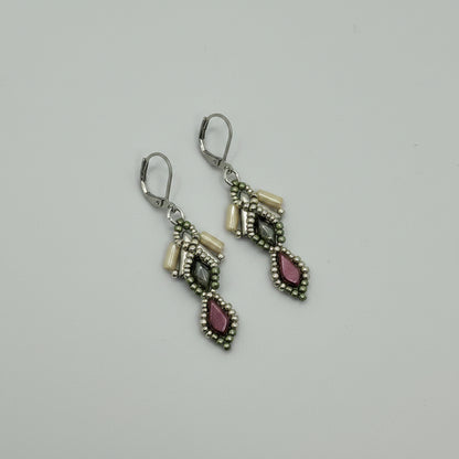 Beaded woven dangled earrings with silver, green, cream, and burgundy beads.