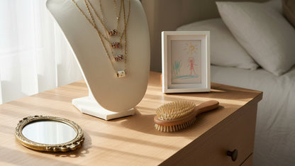 Jewelry display on a nightstand with a mirror and brush, next to a framed picture.